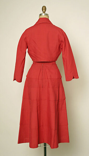 Ensemble, (a–c) House of Jacques Fath (French, founded 1937), (a, b) linen, silk, nylon
(c) linen, leather
(d) straw, French