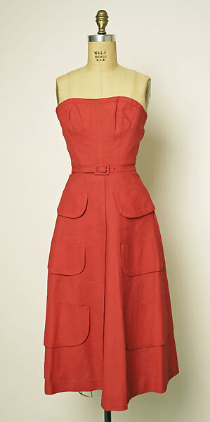 Ensemble, (a–c) House of Jacques Fath (French, founded 1937), (a, b) linen, silk, nylon
(c) linen, leather
(d) straw, French