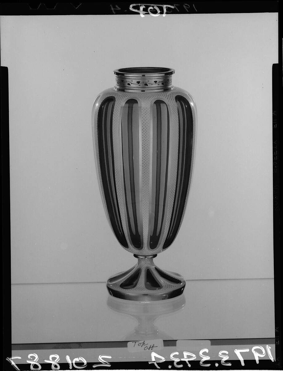 Vase, Blown overlay opaque white and clear red glass, British, probably 