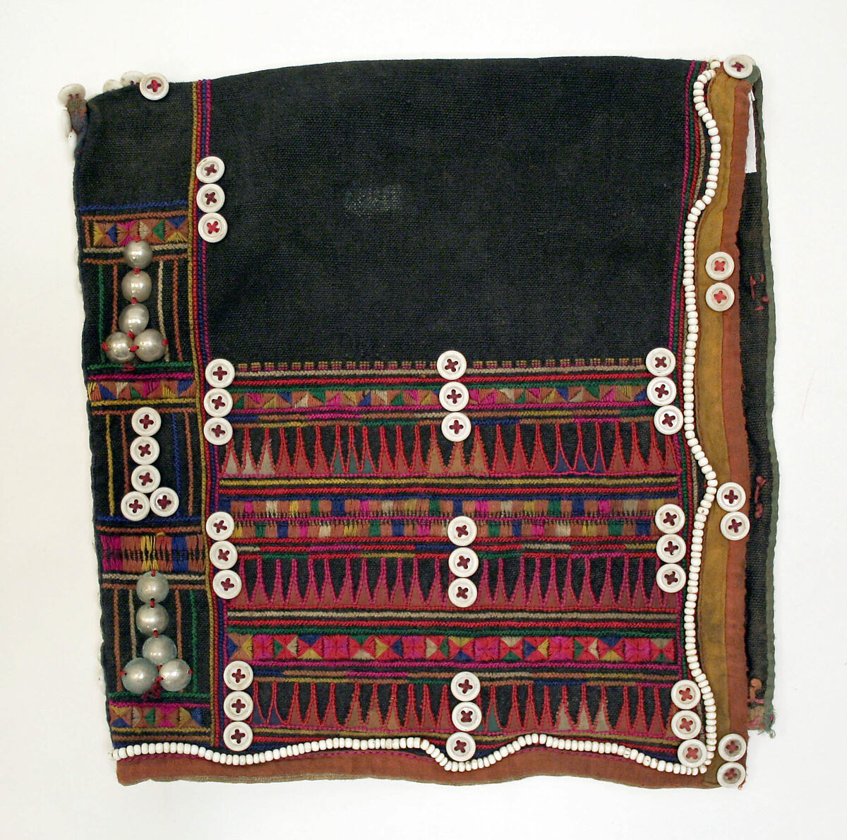 Ensemble, cotton, hemp, silver, glass, shell, Burma (Loimi Akha)