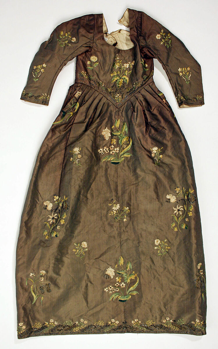 Dress, silk, metallic thread, cotton, probably Italian 