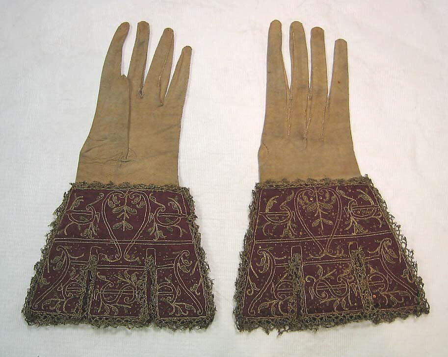 Gloves, leather, silk, linen, metallic thread, European 