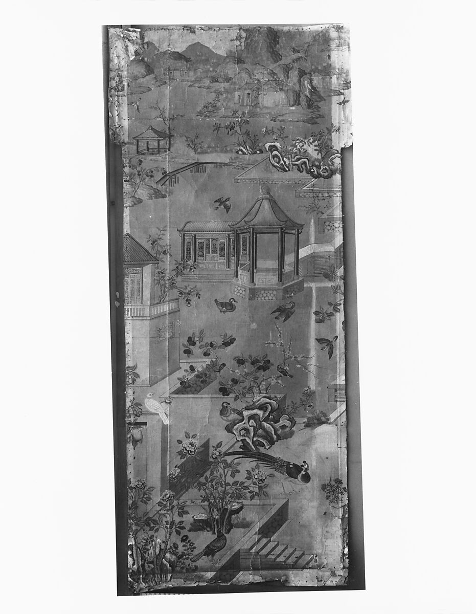 Wallpaper Panel, Paper, painted by hand and mounted on linen