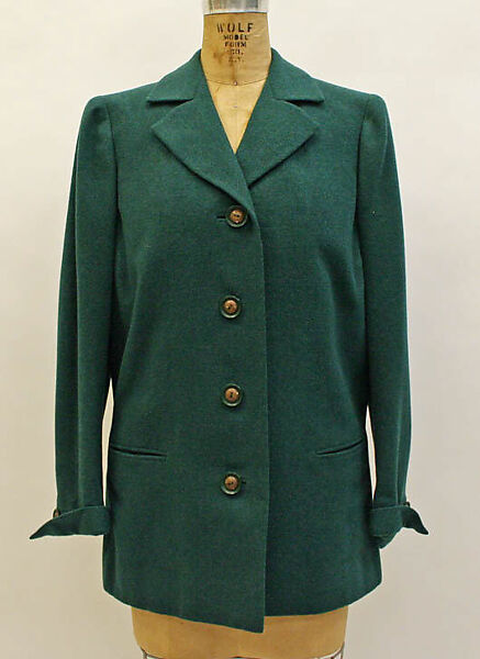 Coat, Mainbocher (French and American, founded 1930), wool, rayon, plastic (cellulose nitrate), American 