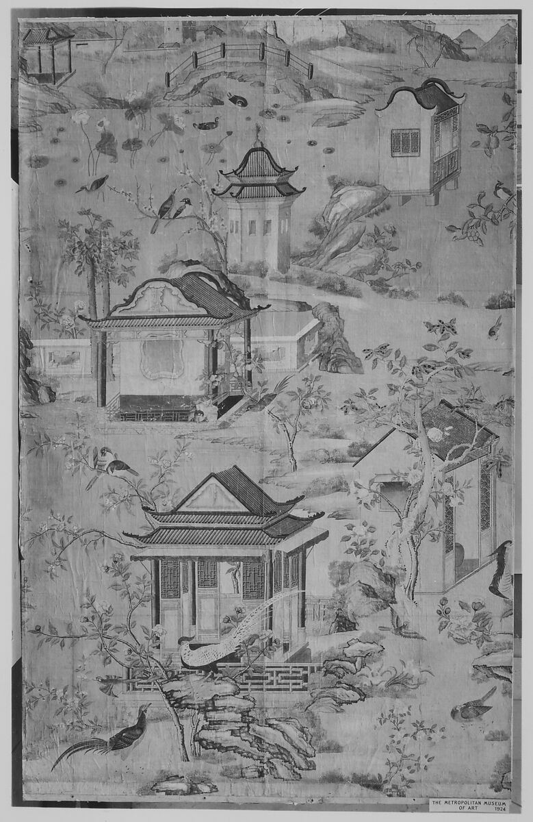 Wallpaper Panel, Paper, painted by hand and mounted on linen
