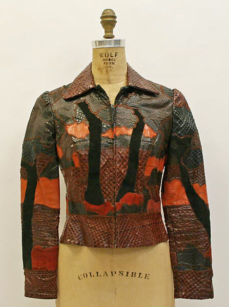 Jacket, Norma Kamali (American, born 1945), leather, synthetic, reptile skin, American 