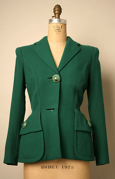 Jacket, Elsa Schiaparelli (Italian, 1890–1973), wool, metal, plastic (polymethyl methacrylate), French 