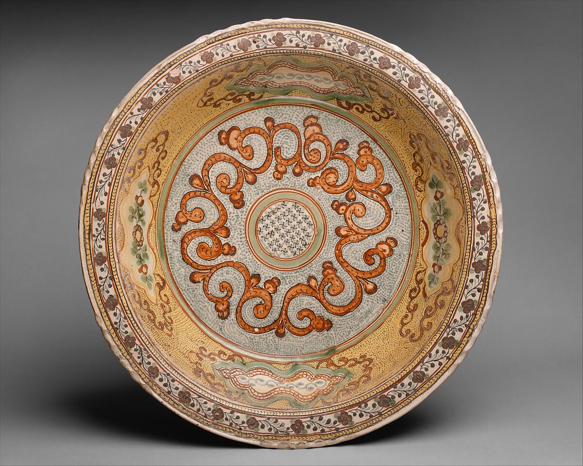 basin with polychrome scroll motif on strippled ground, Tin and lead glazed earthenware, Mexican 