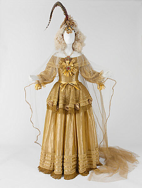 Wedding ensemble, Yves Saint Laurent (French, founded 1961), (a) metallic thread, silk, metal, glass, cotton, nylon
(b) cotton, horsehair
(c) metallic thread, silk, metal, glass, feathers
(d, e) leather
(f) silk
(g) metal, glass
(h) metal
(i, j) metal, glass, French