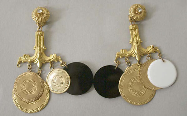 Evening ensemble, Yves Saint Laurent (French, founded 1961), (a) cotton; (b, c) silk; (d–f) synthetic fiber, plastic; (g, h) plastic, glass, metal, French