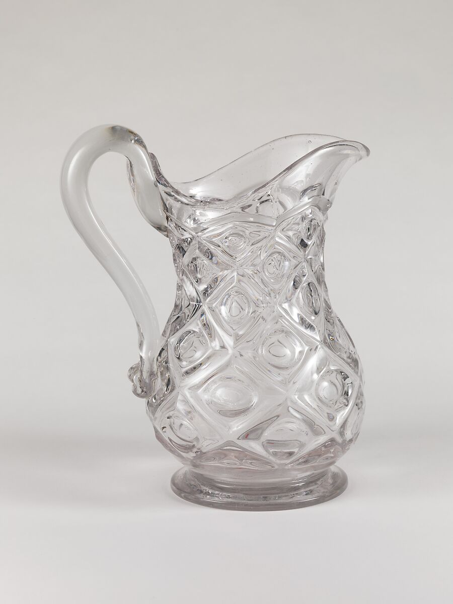 Water pitcher, Pressed glass, diamond thumbprint, American 