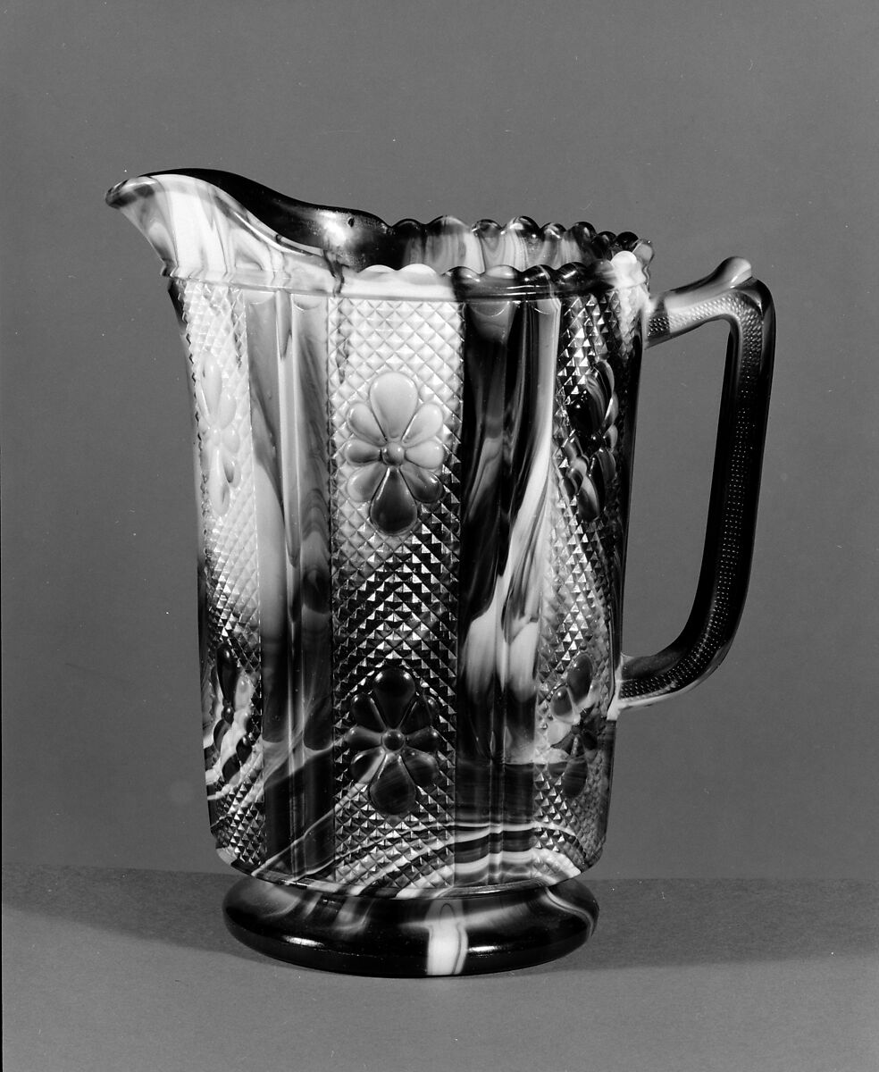 Water Pitcher, Challinor, Taylor and Company (1866–1891), Pressed purple marble glass, American 