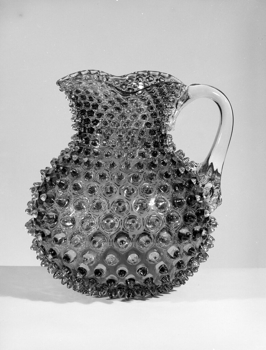 Hobnail Water Pitcher, Probably Hobbs, Brockunier and Company (1863–1891), Pressed colorless and cranberry glass, American 