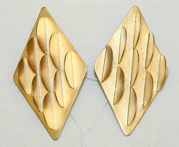 Earrings, Tess Sholom, brass, American 