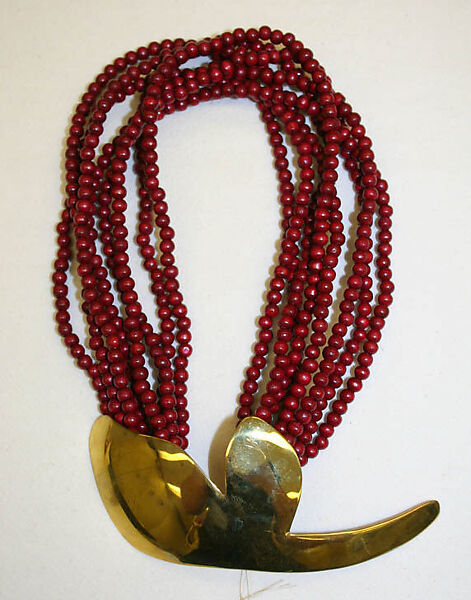 Necklace, Tess Sholom, wood, brass, American 