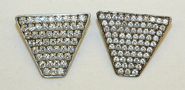 Clip earrings, Tess Sholom, metal, rhinestones, American 