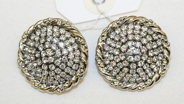 Clip earrings, Tess Sholom, metal, rhinestones, American 