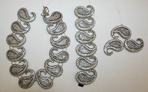 Jewelry set, Tess Sholom, pewter, rhinestones, American 