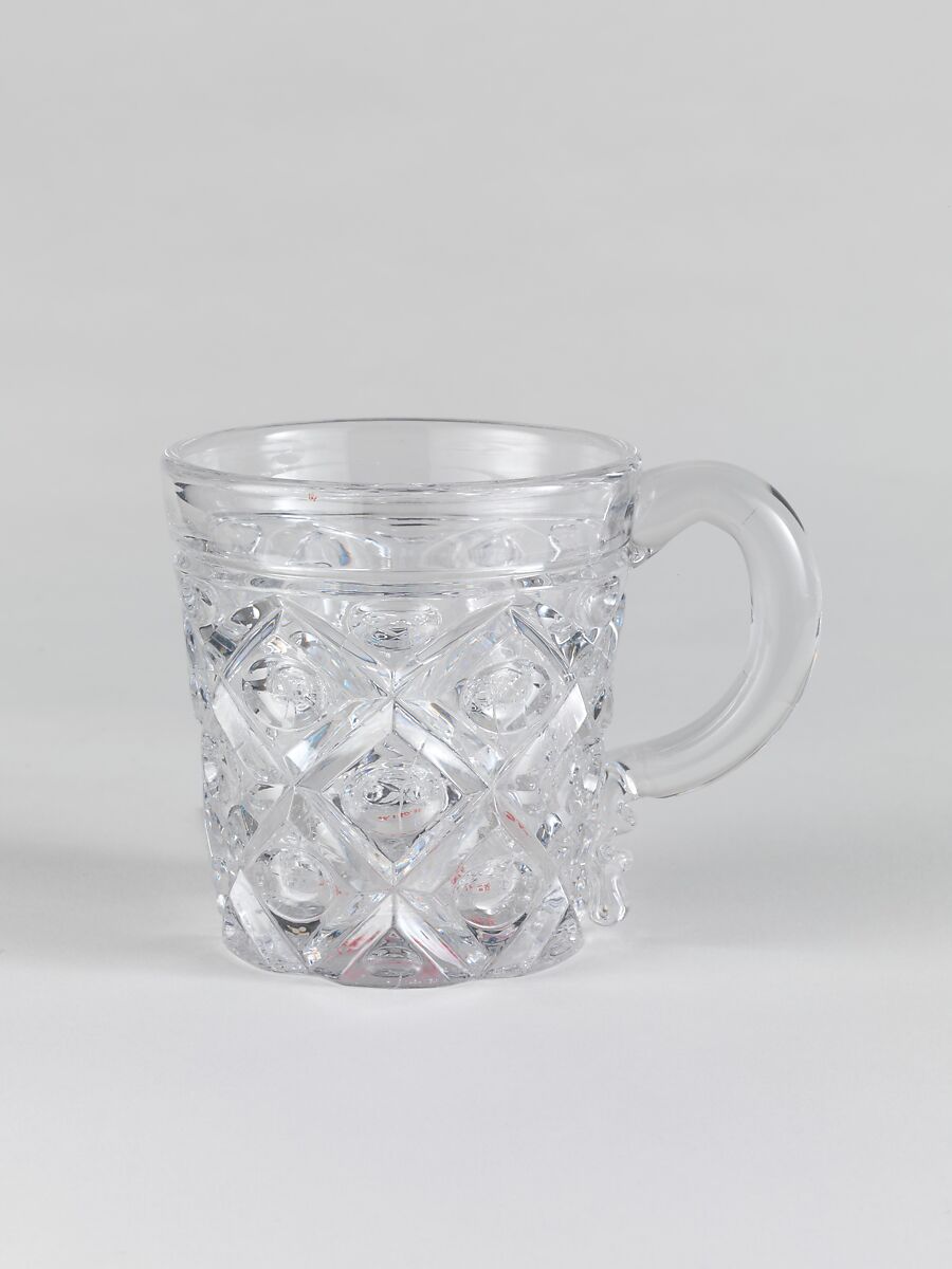 Whiskey mug, Pressed glass, diamond thumbprint, American 