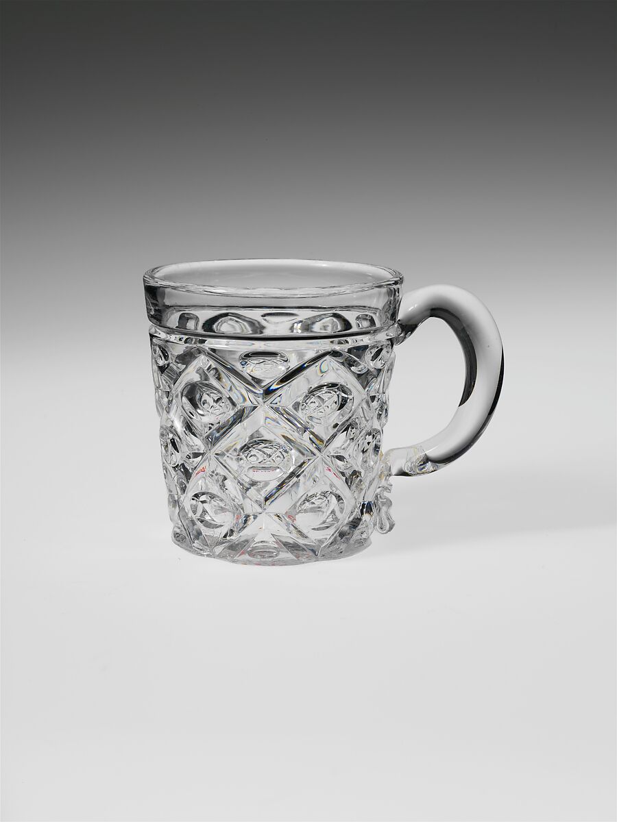 Whiskey Mug, Pressed glass, diamond thumbprint, American 