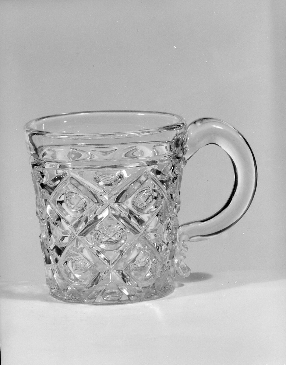 Whiskey Mug, Pressed glass, diamond thumbprint, American 
