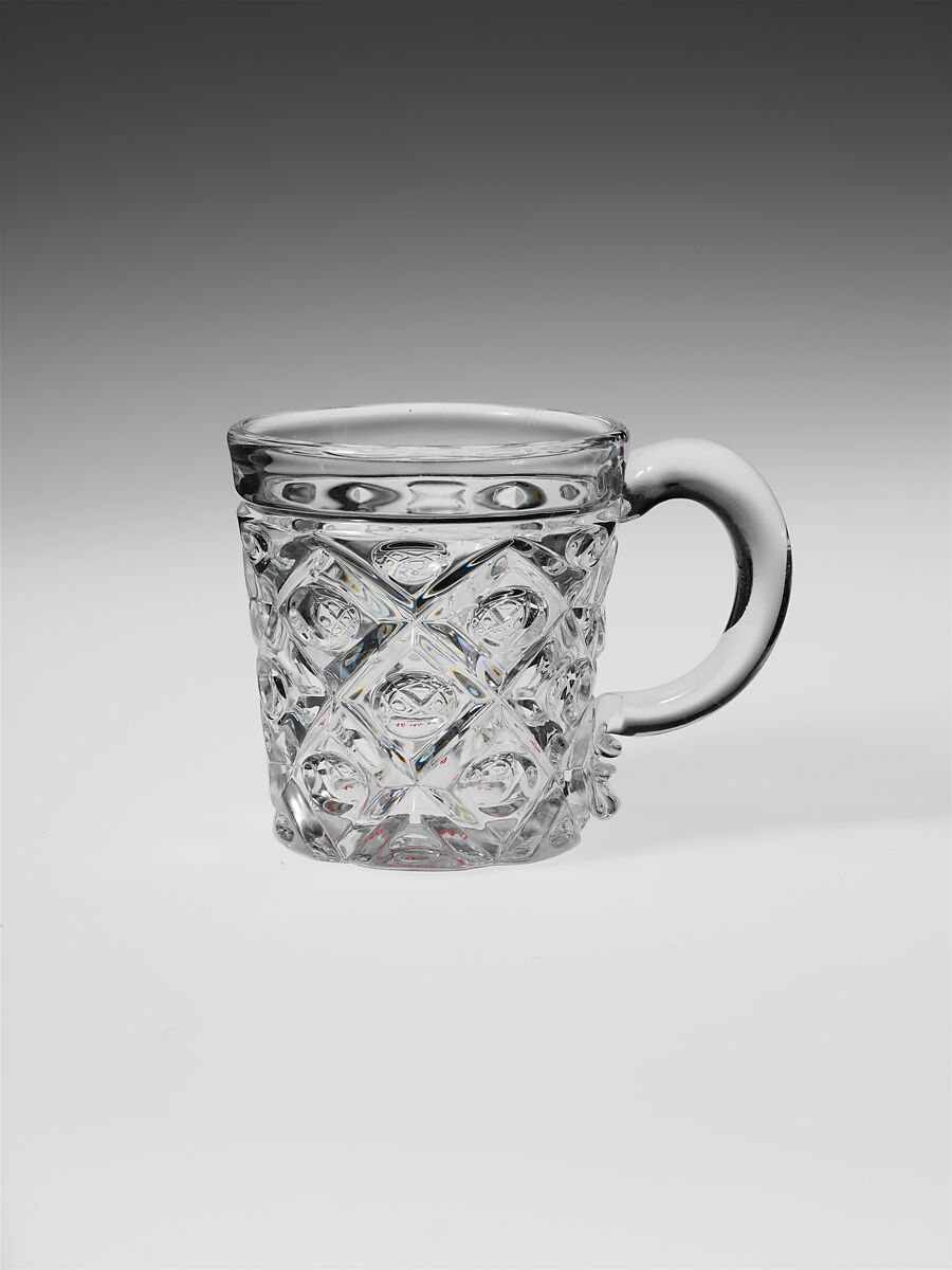 Whiskey Mug, Pressed glass, diamond thumbprint, American 