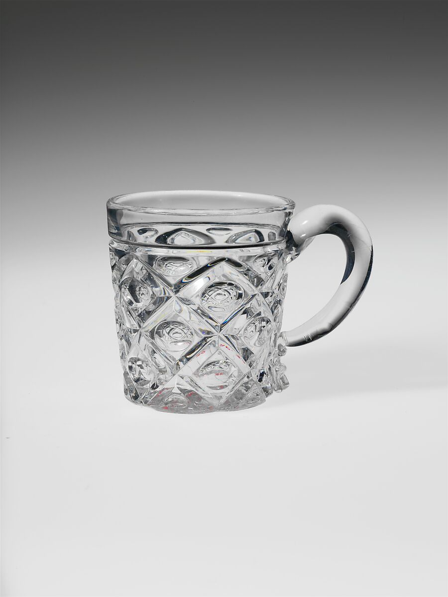 Whiskey Mug, Pressed glass, diamond thumbprint, American 