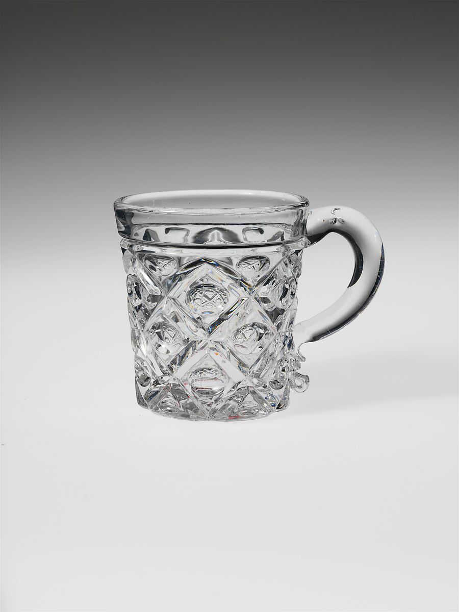 Whiskey Mug, Pressed glass, diamond thumbprint, American 