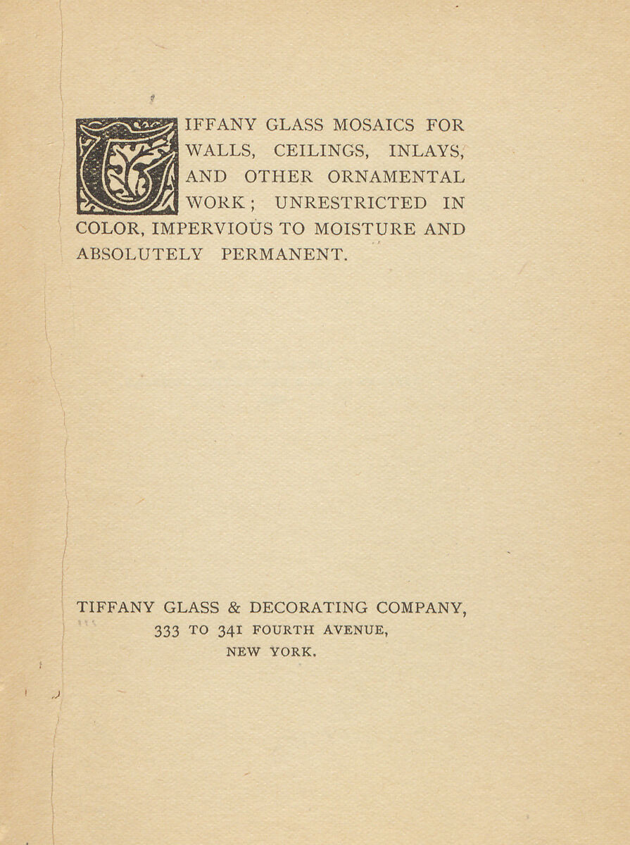 Tiffany glass mosaics for walls, ceilings, inlays and other ornamental work : unrestricted in color, impervious to moisture and absolutely permanent, Tiffany Glass and Decorating Company (American, 1892–1902)