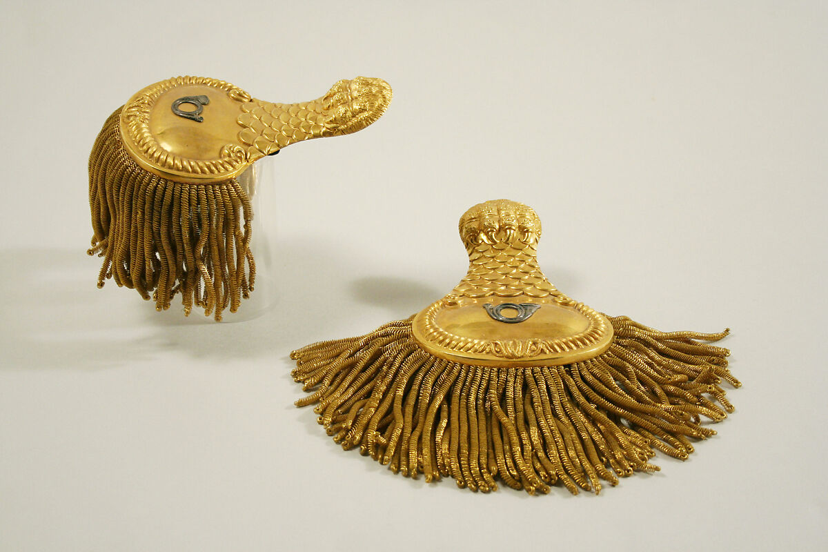 Epaulets, lacquer, brass, metallic thread, wool, Italian 