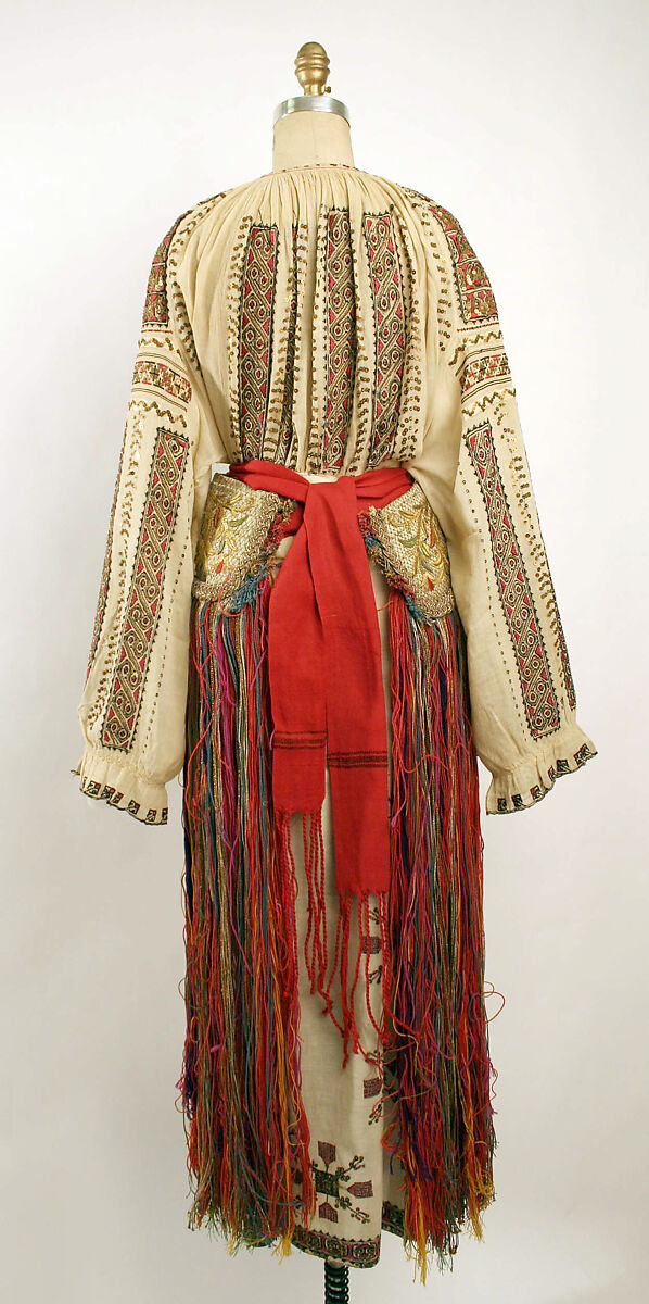 Dress, a,b) cotton, silk c) silk, wool, Romanian