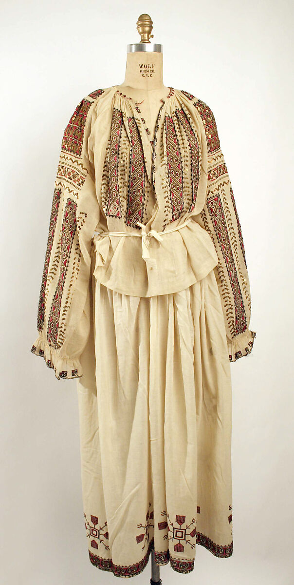 Dress, a,b) cotton, silk c) silk, wool, Romanian