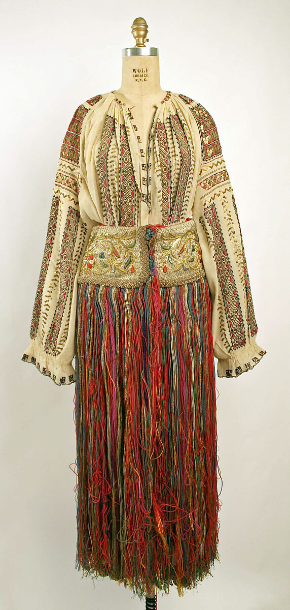 Dress, a,b) cotton, silk c) silk, wool, Romanian 