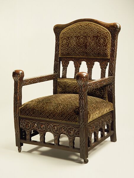 Armchair, Louis C. Tiffany (American, New York 1848–1933 New York), Oak, silk velvet, American