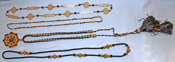 Wedding ensemble, Yves Saint Laurent (French, founded 1961), (a) silk, nylon, metallic thread, metal, glass; (b) silk, nylon; (c) silk, nylon, metallic thread; (d) silk, nylon, metal; (e, f) silk, nylon, metallic thread, leather, glass; (g, h) silk, nylon, metal, glass; (i) glass; (j) metal, feathers; (k) silk, nylon, metallic thread, metal, glass; (l) metal, glass; (m) silk, nylon, metal; (n,o) metal, glass, French