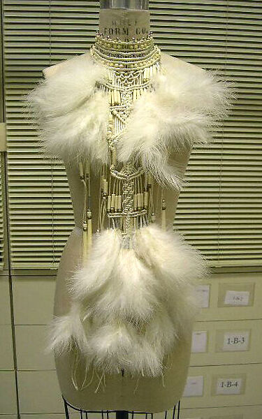 Ensemble, leather, plastic, glass, feathers, shell, metal, American