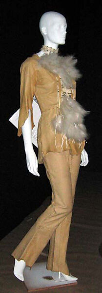 Ensemble, leather, plastic, glass, feathers, shell, metal, American 