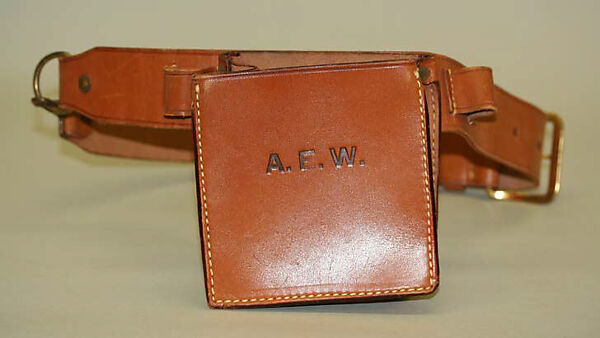 Hunting ensemble, (a–e) Abercrombie and Fitch Co. (American, founded 1892), (a, b) wool
(c) cotton
(d) wool, leather, fur
(e–h) leather, American