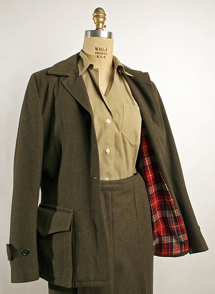 Hunting ensemble, (a–e) Abercrombie and Fitch Co. (American, founded 1892), (a, b) wool
(c) cotton
(d) wool, leather, fur
(e–h) leather, American