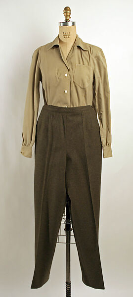 Hunting ensemble, (a–e) Abercrombie and Fitch Co. (American, founded 1892), (a, b) wool
(c) cotton
(d) wool, leather, fur
(e–h) leather, American