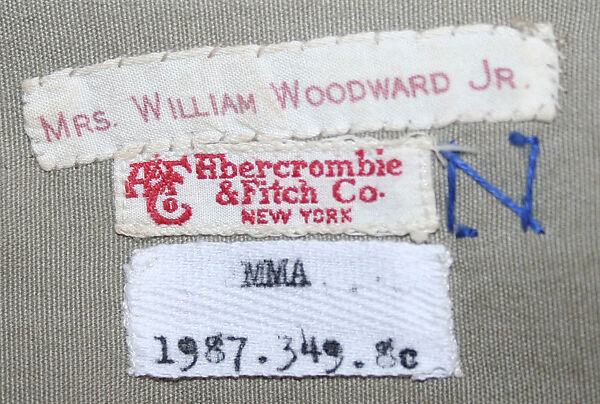 Hunting ensemble, (a–e) Abercrombie and Fitch Co. (American, founded 1892), (a, b) wool
(c) cotton
(d) wool, leather, fur
(e–h) leather, American