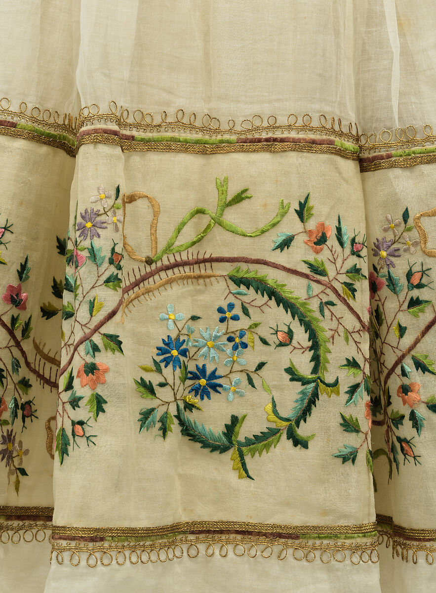 Fancy dress costume, silk, cotton, metallic thread, probably British