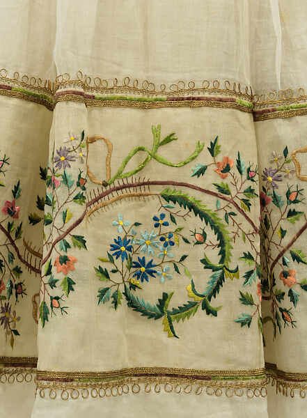 Fancy dress costume, silk, cotton, metallic thread, probably British