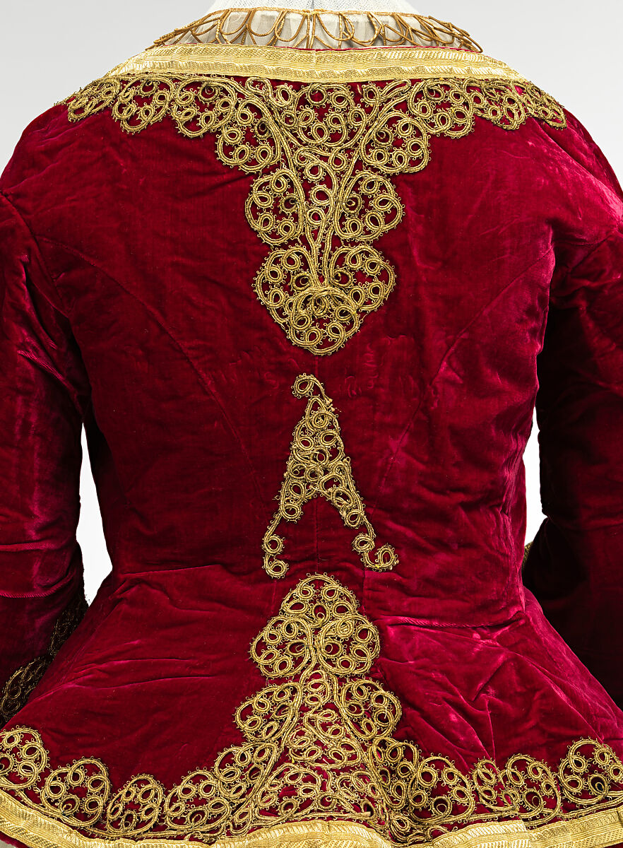 Fancy dress costume, silk, cotton, metallic thread, probably British