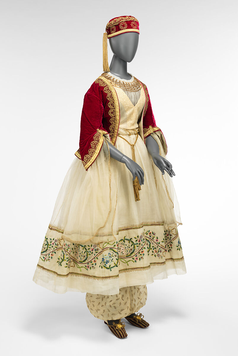 Fancy dress costume, silk, cotton, metallic thread, probably British