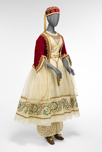Fancy dress costume, silk, cotton, metallic thread, probably British
