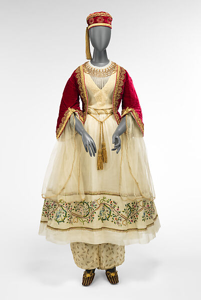 Fancy dress costume, silk, cotton, metallic thread, probably British