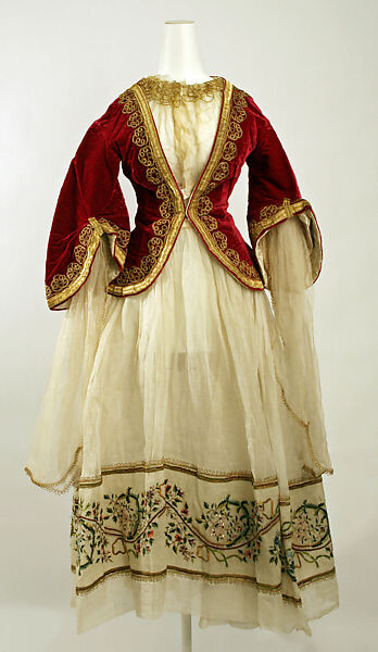 Fancy dress costume, silk, cotton, metallic thread, probably British 