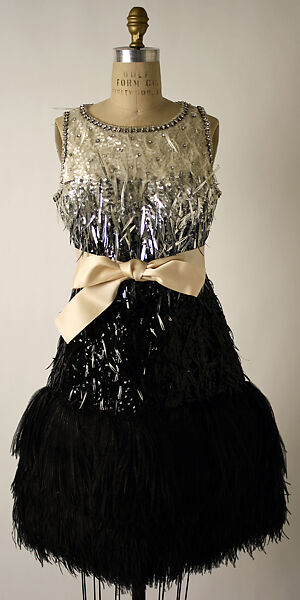 Evening dress, Yves Saint Laurent (French, founded 1961), silk, plastic, feathers, glass, French 