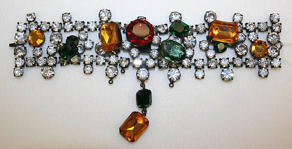 Bracelet, Yves Saint Laurent (French, founded 1961), metal, rhinestones, glass, French 